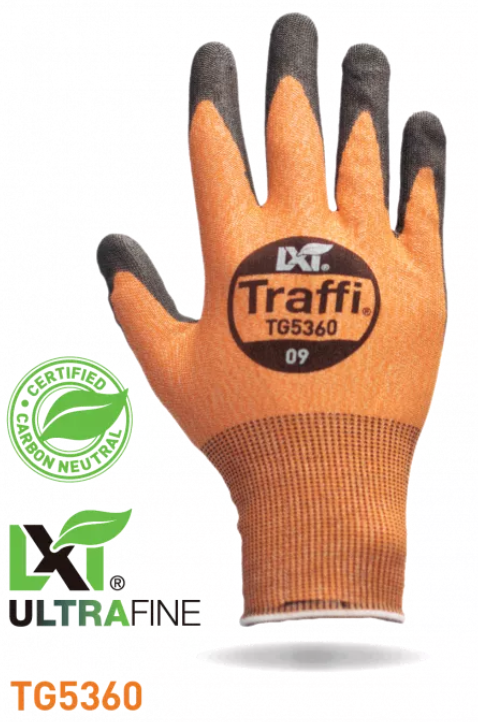 This Eco-friendly Traffi® TG5360 X-Dura LXT® Ultrafine Polyurethane Coated Orange 18-gauge Cut Level A3 Safety Gloves are Carbon Neutral Certified, repels water and oil while providing touchscreen compatibility.
