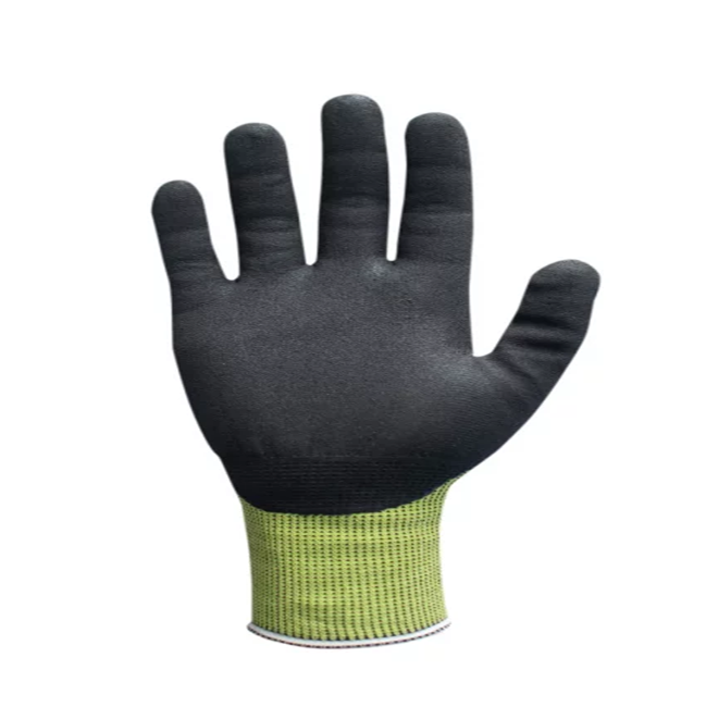 The Eco-friendly carbon neutral certified Traffi® TG5545 is serious hand protection against knocks, bangs, bumps and lacerations. This tactile 15-gauge industrial work safety glove has a high tenacity green cut level A5 seamless knit blended liner and a palm dipped in Micro-Dex Ultra nitrile coating