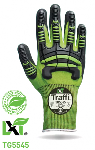The Eco-friendly Traffi® TG5545 is serious hand protection against knocks, bangs, bumps and lacerations. This tactile 15-gauge industrial work safety glove has a high tenacity green cut level A5 seamless knit blended liner and a palm dipped in Micro-Dex Ultra nitrile coating