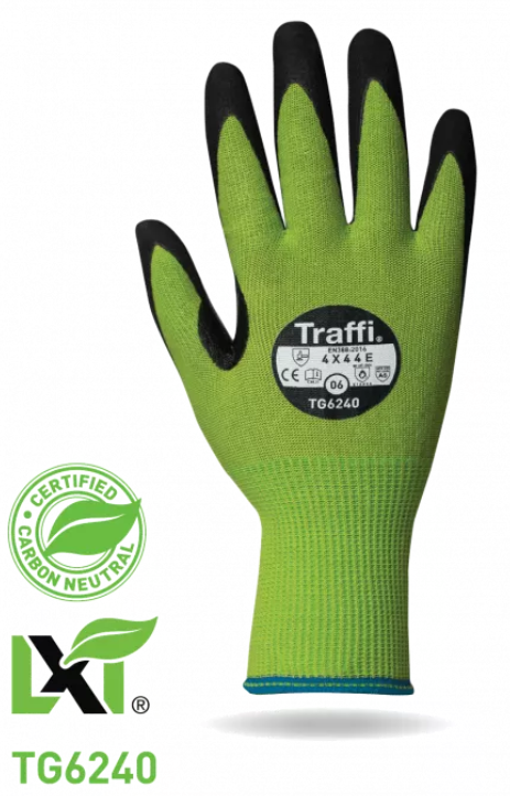 This Eco-friendly Traffi® TG6240 MicroDex LXT® Nitrile Coated Green 15-gauge Cut Level A5 Safety Gloves are Carbon Neutral Certified, repels water and oil with touchscreen compatibility.