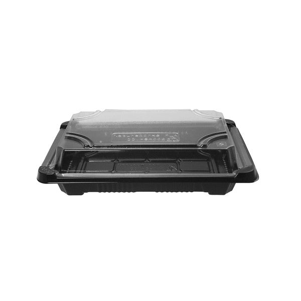 Vegware™ compostable black sushi tray and clear lid combo are made from plant based PLA - an eco-friendly plastic alternative that's independently certified to break down in 12 weeks.