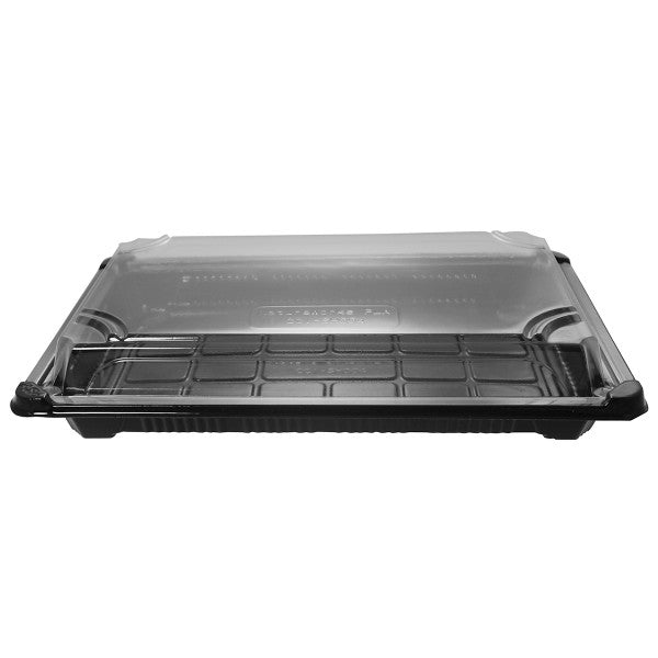 Vegware™ compostable black sushi tray and clear lid combo are made from plant based PLA - an eco-friendly plastic alternative that's independently certified to break down in 12 weeks.