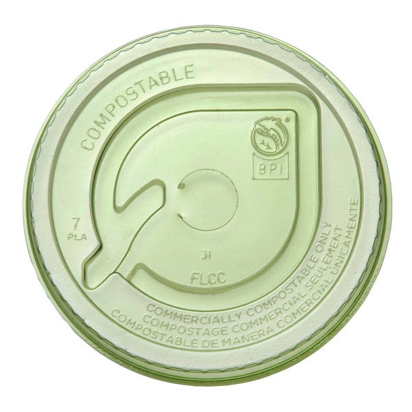 Plant-based PLA flat lid with straw slot for 96-Series cold cups, part of the Veridian range. The everyday straw-slot lid for iced tea, lemonade and soda, finished in a green tint that tells customers and composters at a glance that it belongs in the green bin.