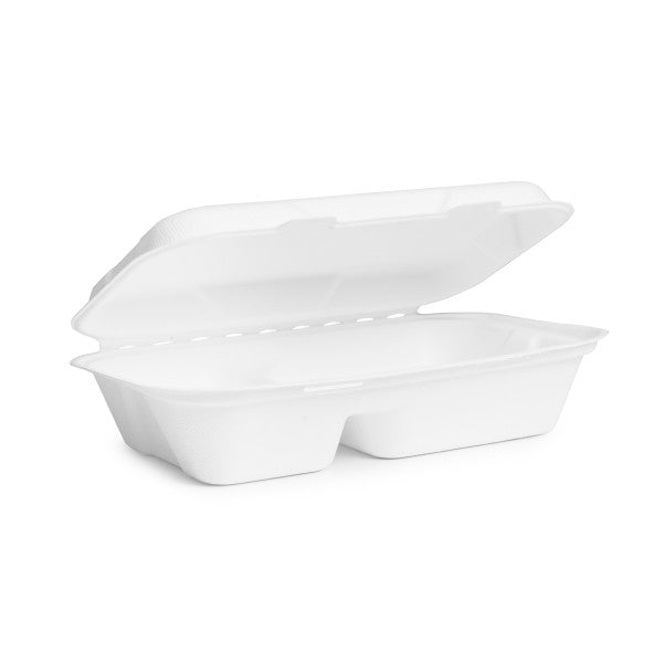 9 x 6in two-compartment clamshell from the Nourish range, for cold or hot food such as street food, fried rice, salads and sweet treats. Two compartments keep the main and the side apart, which suits street food, hoagies and fries.