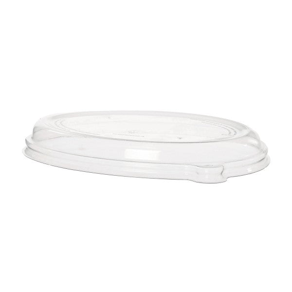 Clear low-profile PLA lid for SCV oval bowls. A low-profile clear lid that stacks neatly in delivery bags and seals both Nourish oval bowls.