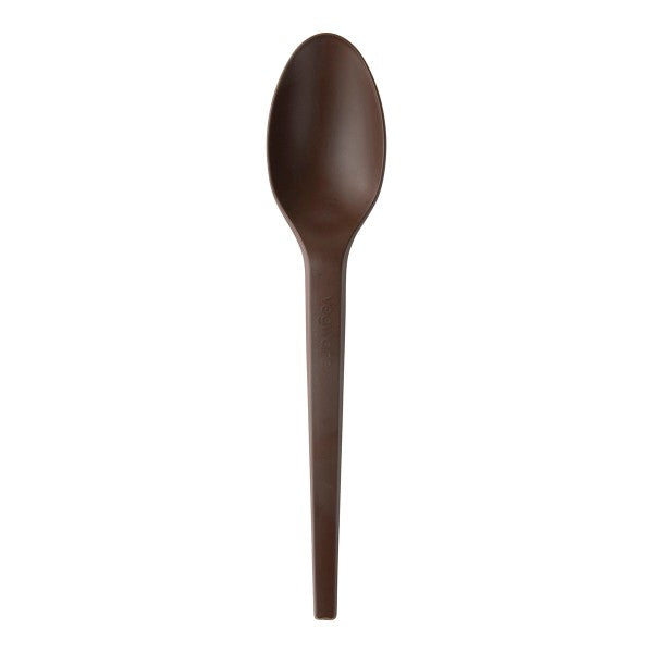 Sturdy 6.5in CPLA spoon from the Veridian range, ideal for hot soups or cold desserts. A deep-bowl brown spoon for hot soups and cold desserts, matched to the Veridian brown fork and knife.