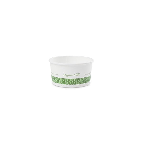 Ideal for ice cream sundaes, pastas, yogurt, stews and soups, Vegware™ 90-Series compostable 6-oz Paper Food Containers are lined with plant-based PLA and independently certified to break down in 12 weeks.