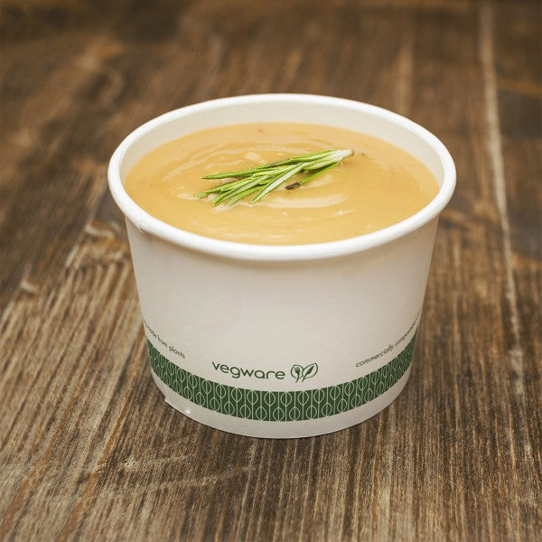 Ideal for ice cream sundaes, pastas, yogurt, stews, soups and more, Vegware™ 115-Series compostable 16-oz Soup Containers are lined with plant-based PLA and independently certified to break down in 12 weeks.