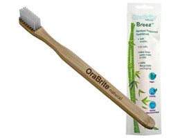 Eco-friendly 32 tuft adult toothbrushes are constructed of biodegradable bamboo, recyclable nylon-6 bristles and 100% recyclable paper packaging.