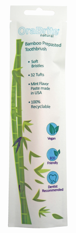 Eco-friendly 32 tuft V-trim orthodontic patient toothbrushes are constructed of biodegradable bamboo, recyclable nylon-6 bristles and 100% recyclable paper packaging.