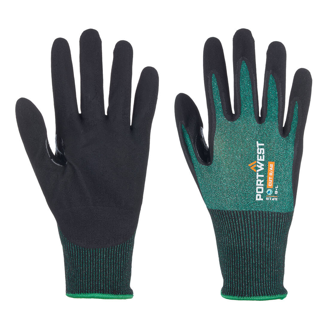 Portwest® Planet AP15-SG LR18 Micro Foam Nitrile Coated 18-gauge Cut Level A2 Work Gloves with Touchscreen Function are constructed from recycled P.E.T. These touchscreen compatible cut level  gloves are breathable and produces a low carbon footprint.