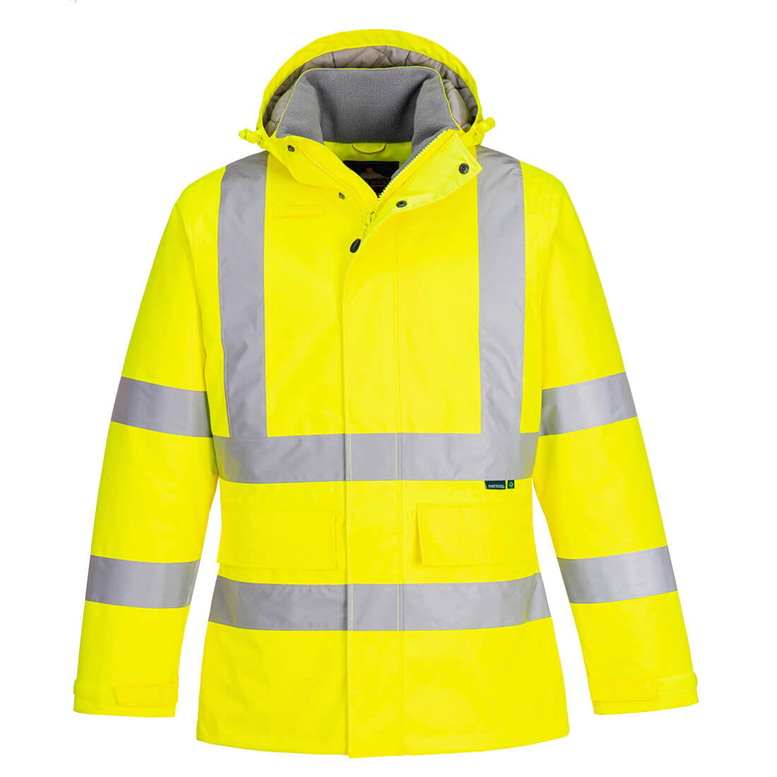 Portwest® Planet EC60 ECO Hi-Vis Winter Jackets are made with environmentally friendly recycled polyester and features reflective tape, detachable lined hood, mic tabs, drawcord, internal pocket and water resistant fabric finish.