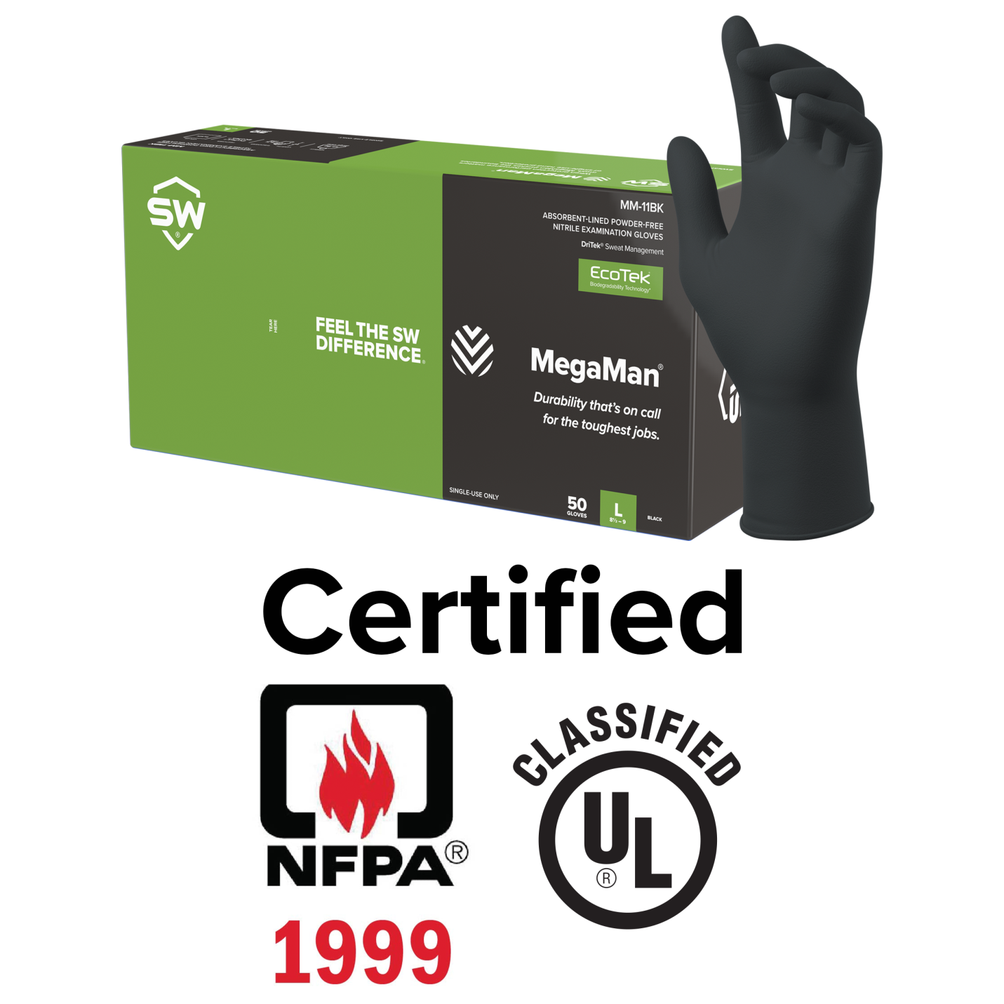 Better for the planet, SW® Sustainable Solutions MM-11BK MegaMan® EcoTek® DriTek® Biodegradable 10.1-mil Black Powder-Free Latex-Free Nitrile Exam Gloves pushes the boundaries of single-use hand protection performance, with new levels of abrasion resistance, sweat management, and comfort that deliver in exceedingly severe environments. Proven to resist dangerous fatal toxins and chemotherapy drugs.