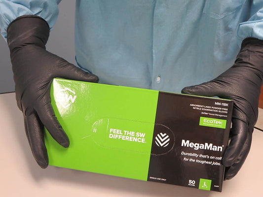 Better for the planet, SW® Sustainable Solutions MM-11BK MegaMan® EcoTek® DriTek® Biodegradable 10.1-mil Black Powder-Free Latex-Free Nitrile Exam Gloves pushes the boundaries of single-use hand protection performance, with new levels of abrasion resistance, sweat management, and comfort that deliver in exceedingly severe environments. Proven to resist dangerous fatal toxins and chemotherapy drugs.