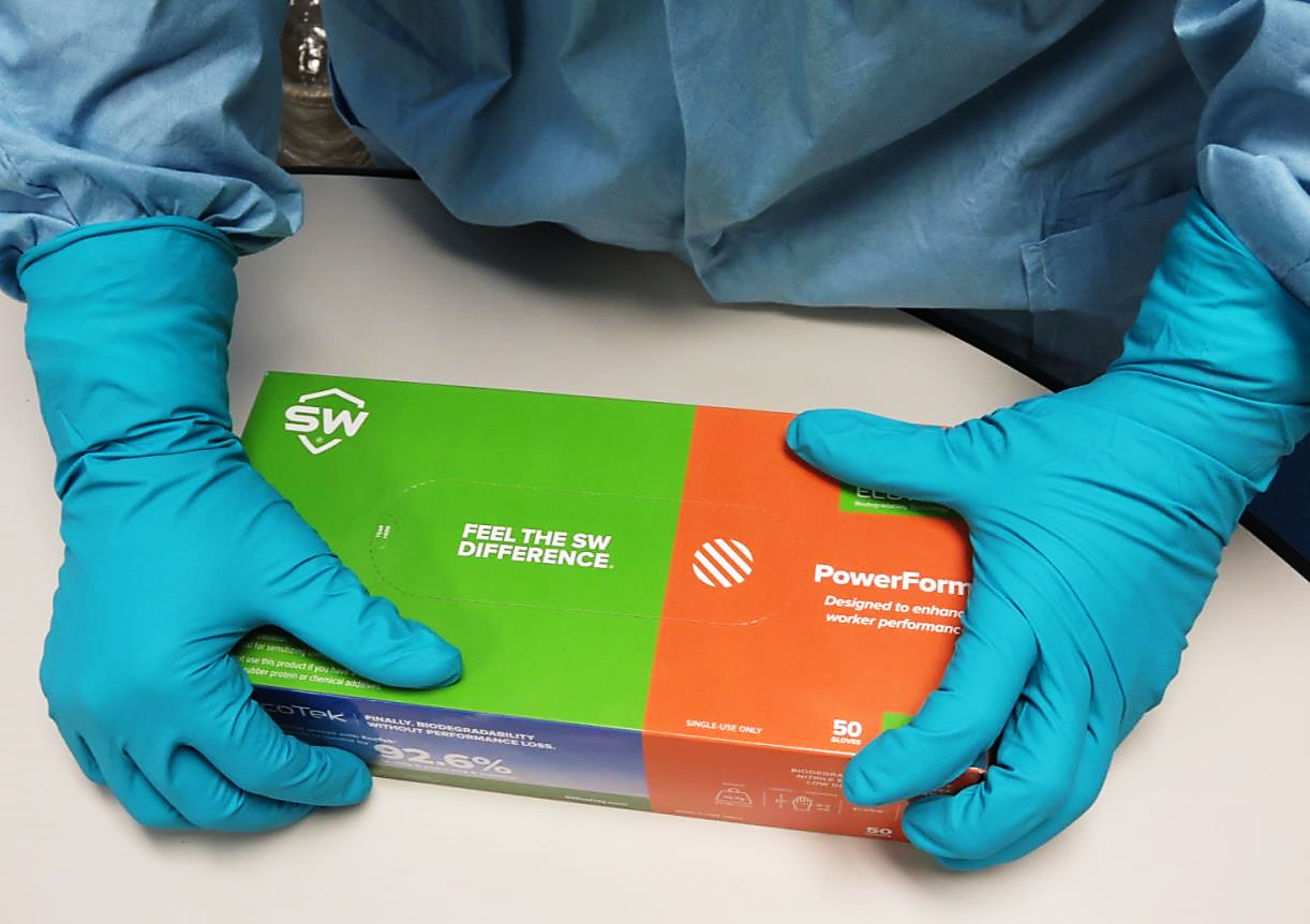 SW® Sustainability Solutions PF-12TG PowerForm® EcoTek® Heavy Duty 7.1-mil Powder-Free Biodegradable 12-inch Extended Cuff Heavy Duty Teal Latex-Free Nitrile Exam Gloves provide workers with extra protection and are tested for use with harmful chemotherapy and fentanyl compounds.