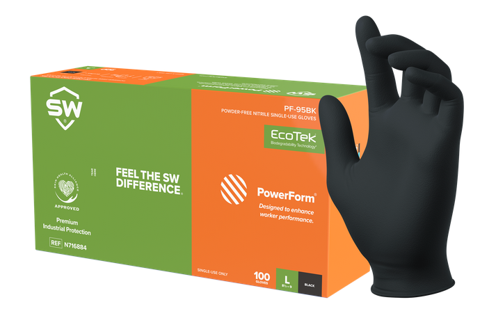 SW® Sustainability Solutions PF-95BK PowerForm® 5.6-mil Black Powder-Free Latex-Free Nitrile Exam Gloves feature EcoTek® biodegradable technology for accelerated breakdown in landfills without any loss in performance.