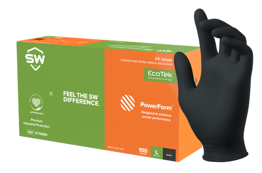 SW® Sustainable Solutions PF-95BK PowerForm® 5.6-mil Black Powder-Free Latex-Free Nitrile Exam Gloves feature GreenCircle Certified EcoTek® biodegradable technology for accelerated breakdown in landfills without any loss in performance.