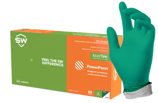 SW® Sustainability Solutions PF-95GW PowerForm® 5.9-mil Green Powder-Free Latex-Free Nitrile Exam Gloves feature EcoTek® biodegradable technology for accelerated breakdown in landfills without any loss in performance plus patented EnerGel® Aloe Vera moisturizing technology and Breach Alert™ dual layer visual detection security. Provides 4 hours of protection against fatal toxins.