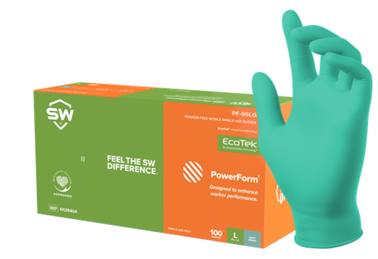 SW® Sustainability Solutions PF-95LG PowerForm® 5.9-mil Green Powder-Free Latex-Free Nitrile Exam Gloves feature GreenCircle Certified EcoTek® biodegradable technology for accelerated breakdown in landfills without any loss in performance plus patented EnerGel® Aloe Vera moisturizing technology for healthier hands.
