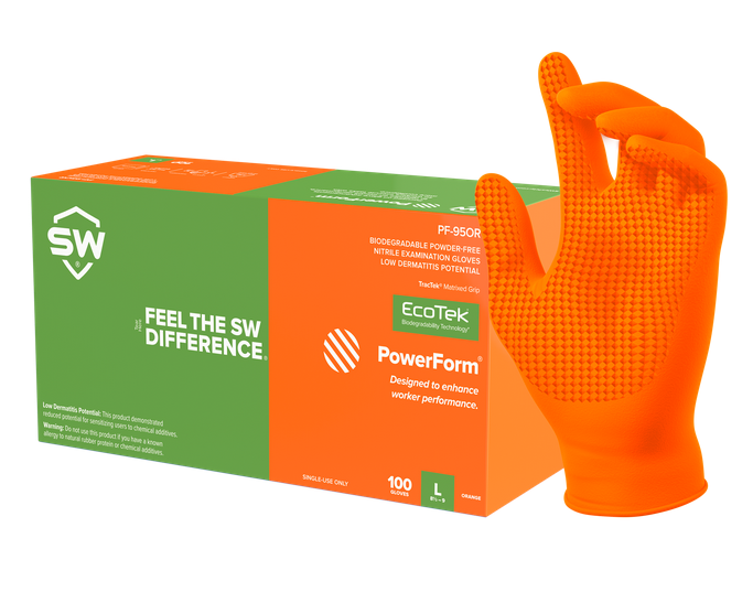 SW®Sustainability Solutions PF-95OR PowerForm® 5.9-mil Orange Powder-Free Latex-Free Nitrile Exam Gloves feature TracTek® Textured Grip and EcoTek® biodegradable technology for accelerated breakdown in landfills without any loss in performance.