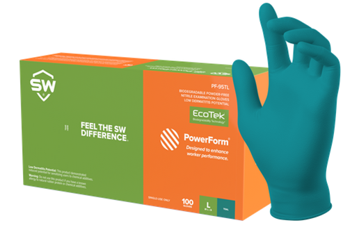 SW®Sustainability Solutions  PF-95TL PowerForm® 5.8-mil Teal Green Powder-Free Latex-Free Nitrile Exam Gloves feature EcoTek® biodegradable technology for accelerated breakdown in landfills without any loss in performance. Tested for use with chemotherapy drugs and fatal toxins.