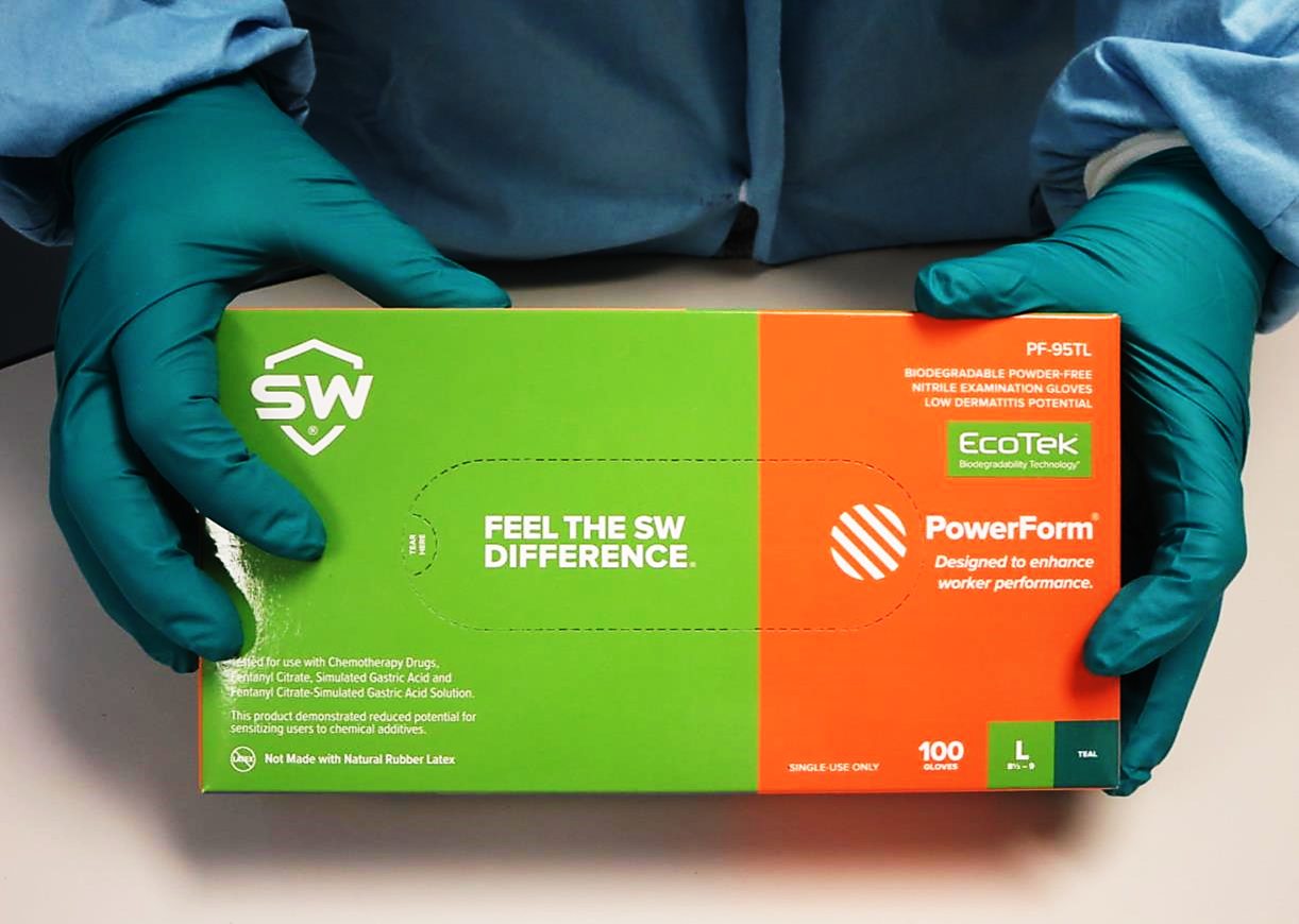 SW®Sustainability Solutions  PF-95TL PowerForm® 5.8-mil Teal Green Powder-Free Latex-Free Nitrile Exam Gloves feature EcoTek® biodegradable technology for accelerated breakdown in landfills without any loss in performance. Tested for use with chemotherapy drugs and fatal toxins.
