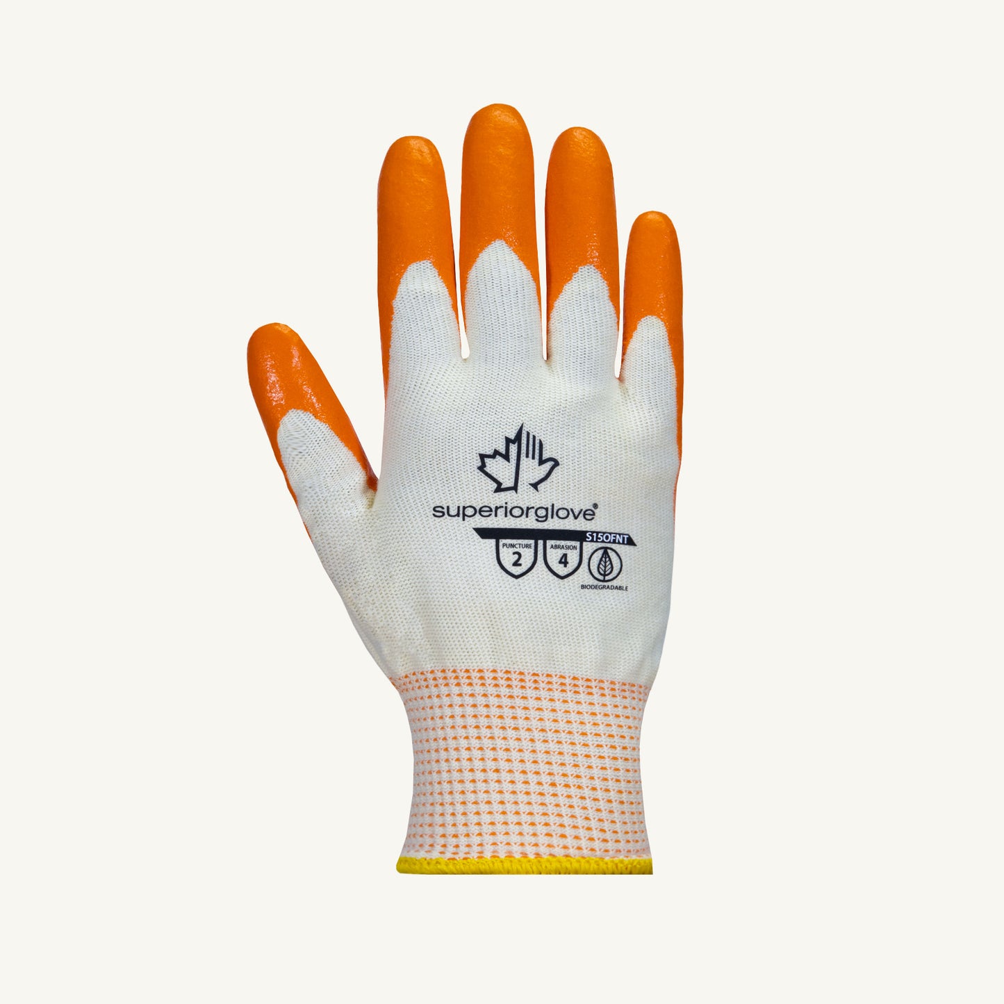 Superior Glove® biodegredable Dexterity® S15OFNT 15-gauge 100% virgin cotton seamless knit work gloves with hi-vis orange foam nitrile coating preserves the planet while providing ANSI rated abrasion and puncture protection.