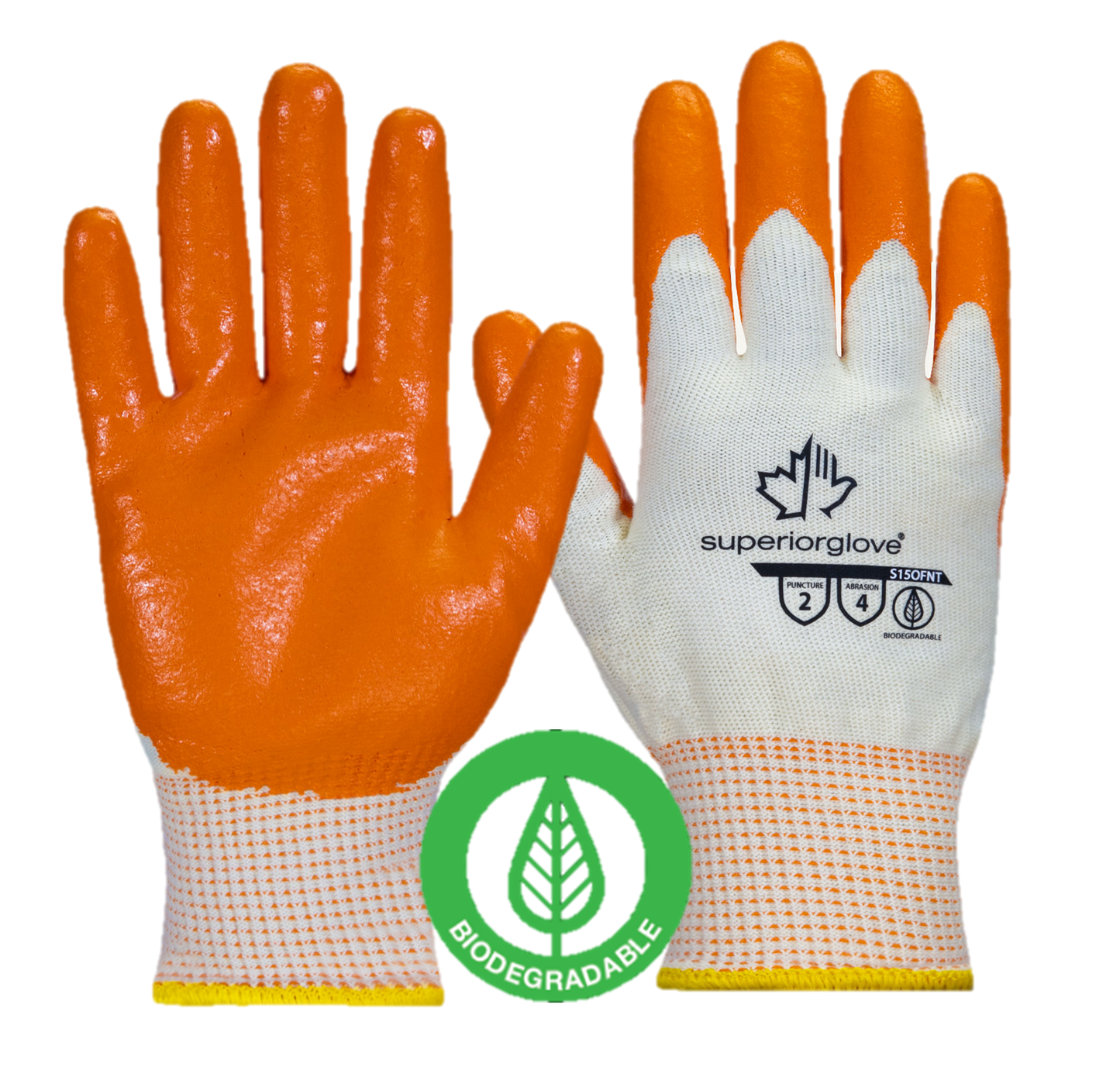 Superior Glove® biodegredable Dexterity® S15OFNT 15-gauge 100% virgin cotton seamless knit work gloves with hi-vis orange foam nitrile coating preserves the planet while providing ANSI rated abrasion and puncture protection.