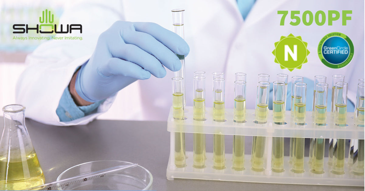 These Showa® 7500PF Single-Use Powder-Free Latex-Free 4-mil Blue Nitrile Gloves with EBT (Eco-Best Technology®) accelerated biodegradation decomposes 82% in 386 days.