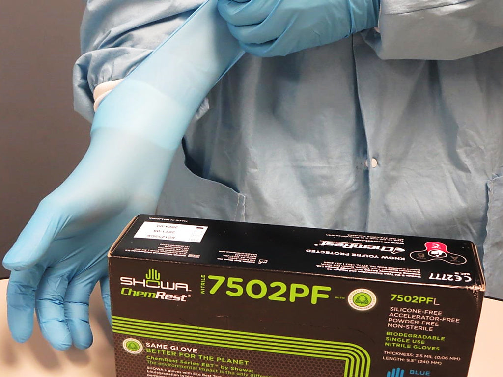 These skin-friendly Showa® 7502PF Accelerator-Free Single-Use Latex-Free 2.5-mil Blue Nitrile Gloves with EBT (Eco-Best Technology®) comply with FDA regulations for safe food contact.