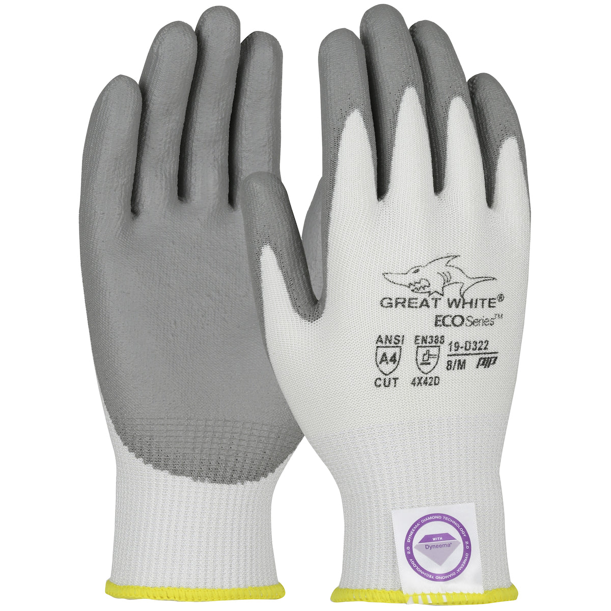 Great White® G-Tek ECOSeries 19-D322 PU Coated Dyneema® Diamond A4  Seamless Knit Cut-Resistant Work Gloves utilizes Bio-Based Fibers From P.E.T. Water Bottles