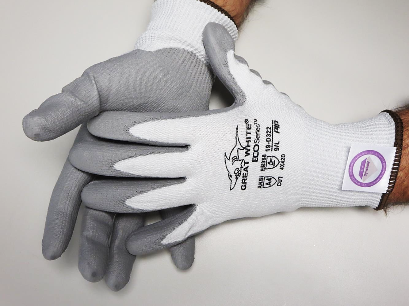 Great White® G-Tek ECOSeries 19-D322 PU Coated Dyneema® Diamond A4 Seamless Knit Cut-Resistant Work Gloves utilizes Bio-Based Fibers From P.E.T. Water Bottles