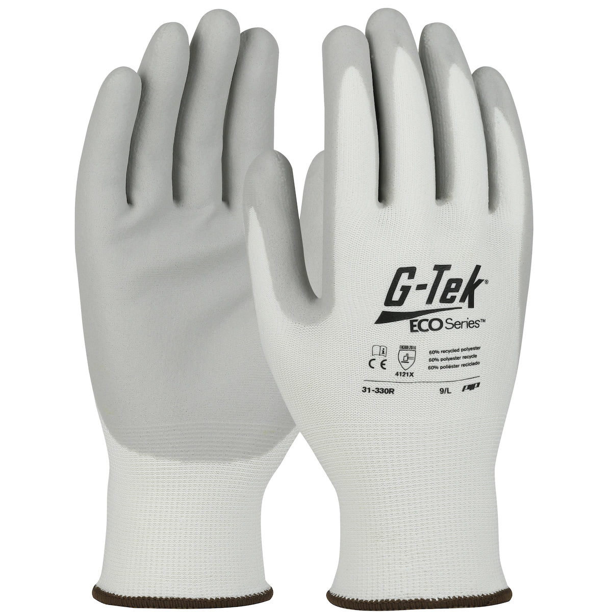 PIP® G-Tek® ECOSeries 13-gauge seamless knit work gloves with nitrile foam palm coating feature a blended liner of fibers made of 90% recycled P.E.T. water bottles and 10% Elastane for comfort, dexterity, breathability.