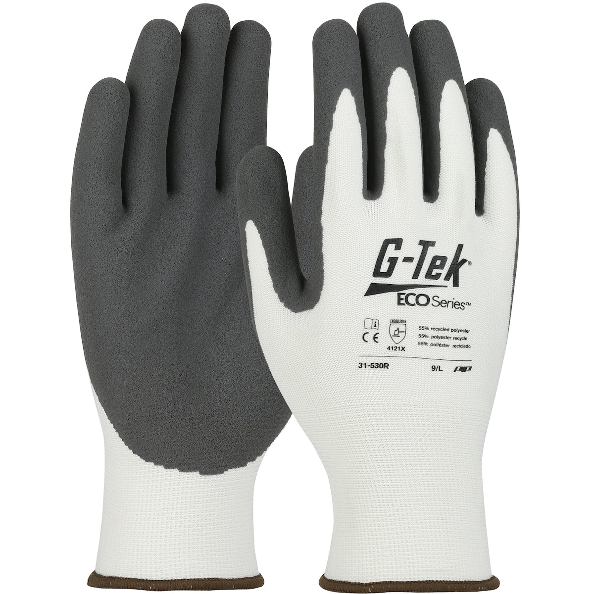 PIP® G-Tek® ECOSeries 31-530R sustainable work gloves with nitrile microsurface palm coating are made bio-based fibers made from recycled P.E.T. water bottles