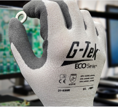PIP® G-Tek® ECOSeries 31-530R sustainable work gloves with nitrile microsurface palm coating are made bio-based fibers made from recycled P.E.T. water bottles