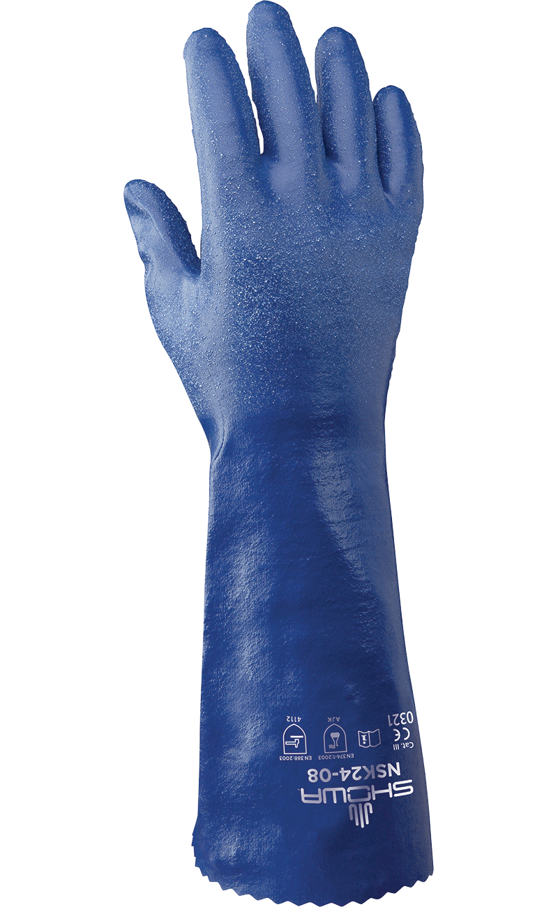 These TAA compliant, FDA food compliant Showa® NSK24 14-inch 15-mil cotton-lined full coated nitrile gloves with EBT (Eco-Best Technology®) provide chemical protection against acids, oil, hydrocarbons and feature accelerated biodegradation