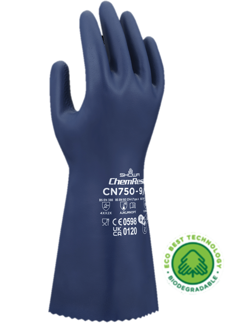 These biodegradable Showa® CN750 13-inch 18-mil reusable chemical-resistant nitrile gloves with EBT (Eco-Best Technology®) and innovative flocking particles are FDA food compliant.