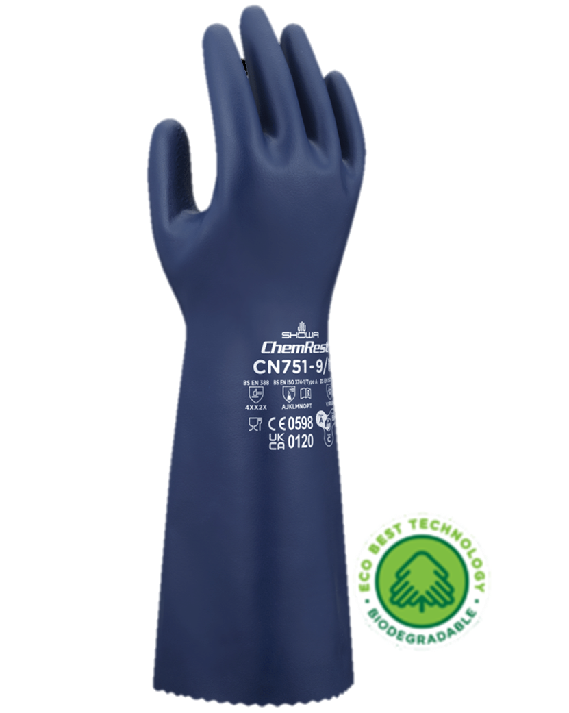 These biodegradable Showa® CN751 15-inch 18-mil reusable chemical-resistant nitrile gloves with EBT (Eco-Best Technology®) and innovative flocking particles are FDA food compliant.