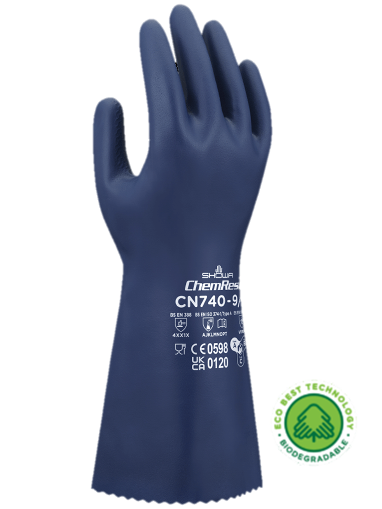 These biodegradable Showa® CN740 13-inch 15-mil reusable chemical-resistant nitrile gloves with EBT (Eco-Best Technology®) and innovative flocking particles are FDA food compliant.