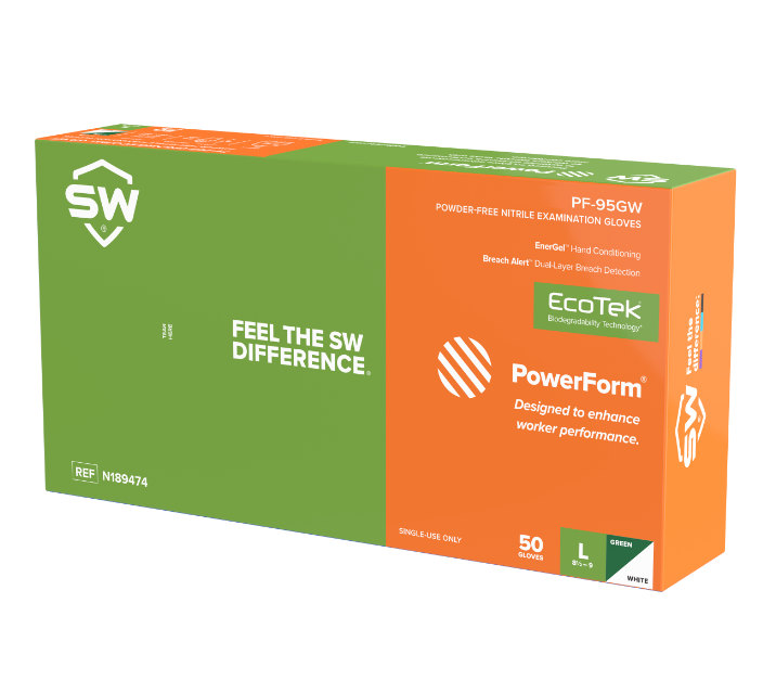 SW® Sustainability Solutions PF-95GW PowerForm® 5.9-mil Green Powder-Free Latex-Free Nitrile Exam Gloves feature EcoTek® biodegradable technology for accelerated breakdown in landfills without any loss in performance plus patented EnerGel® Aloe Vera moisturizing technology and Breach Alert™ dual layer visual detection security. Provides 4 hours of protection against fatal toxins.