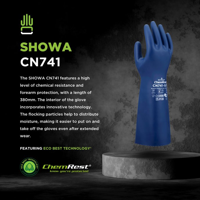 These biodegradable Showa® CN741 15-inch 15-mil reusable chemical-resistant nitrile gloves with EBT (Eco-Best Technology®) and innovative flocking particles are FDA food compliant.