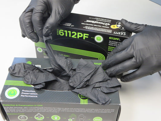 These Showa® 6112PF Single-Use Powder-Free Latex-Free 4-mil Black Nitrile Gloves with EBT (Eco-Best Technology®) accelerated biodegradation decomposes 82% in 386 days.