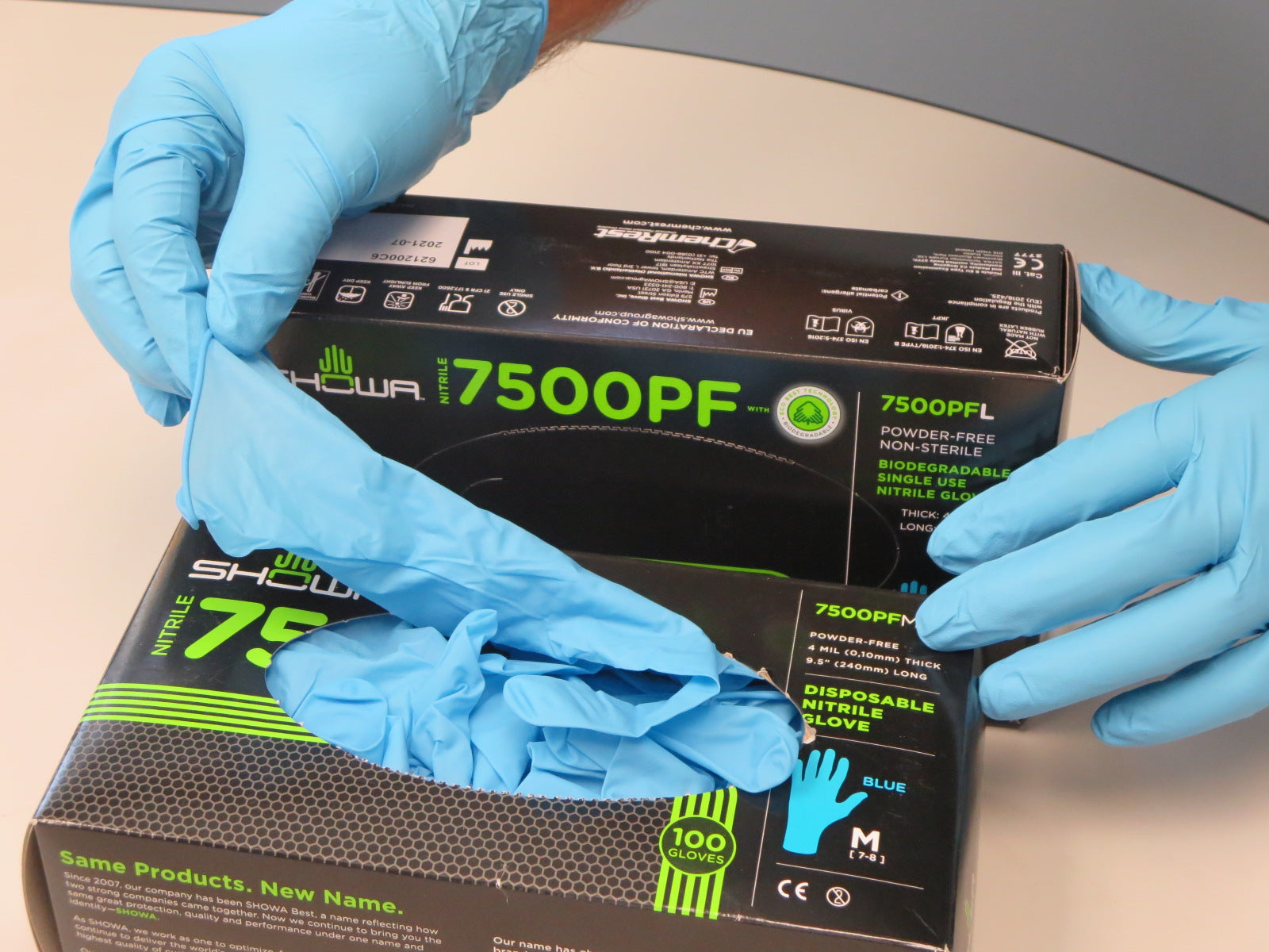 These Showa® 7500PF Single-Use Powder-Free Latex-Free 4-mil Blue Nitrile Gloves with EBT (Eco-Best Technology®) accelerated biodegradation decomposes 82% in 386 days.
