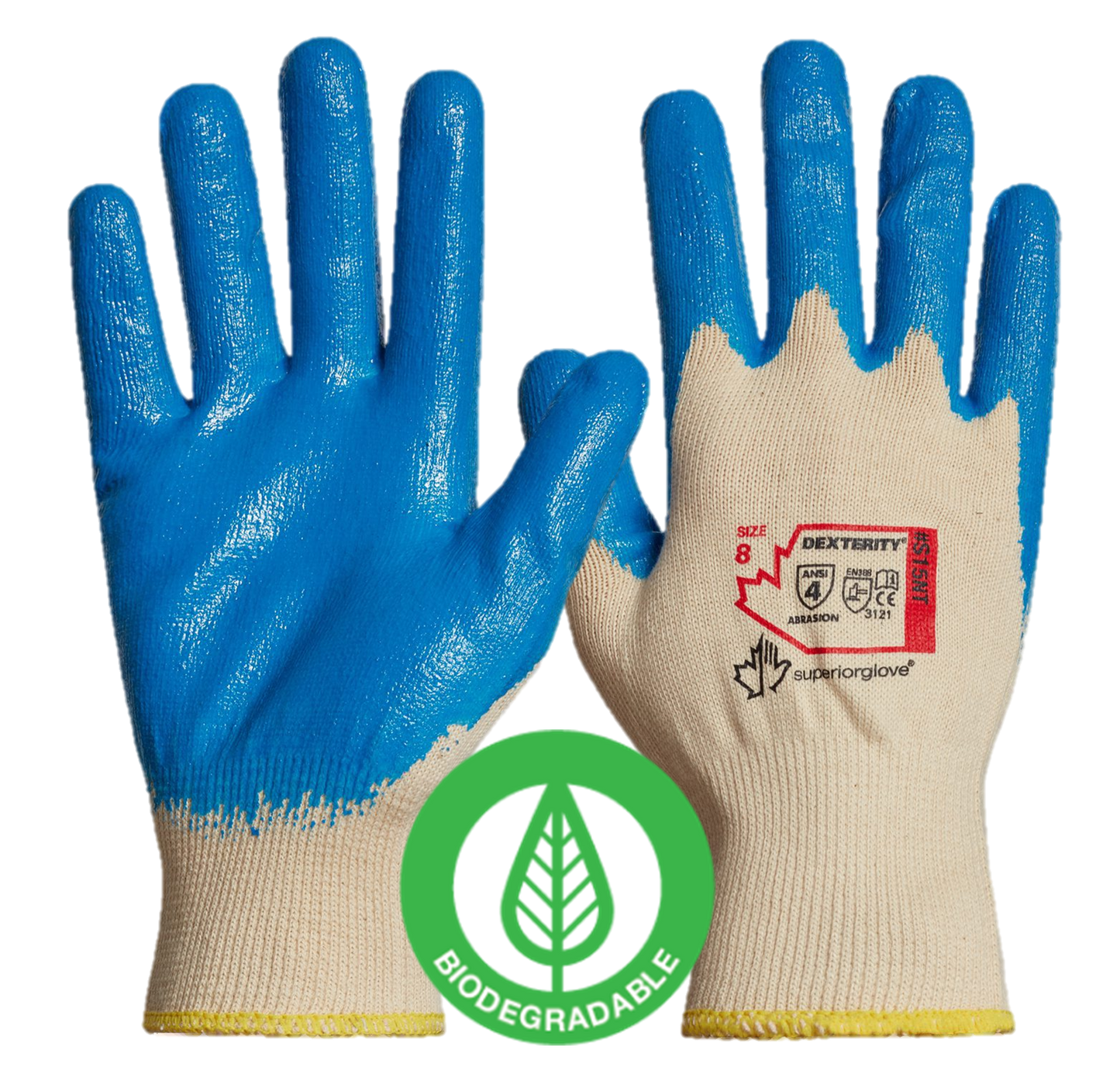 Superior Glove® Dexterity® NT 15-gauge Cotton Knit with Nitrile Palms are 100% biodegredable and provides superior abrasion and puncture resistance.