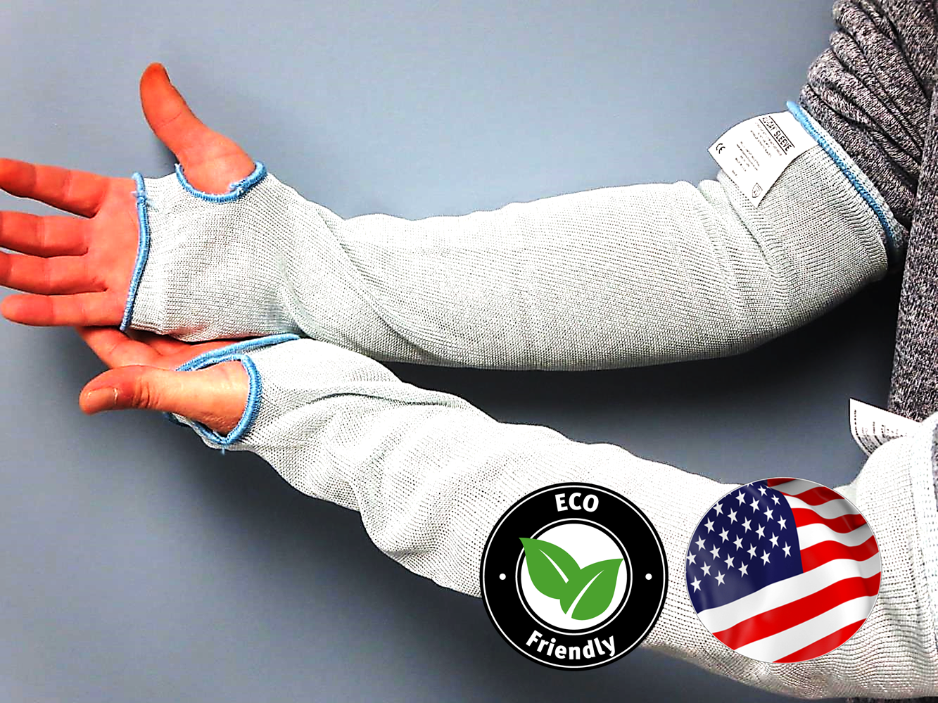 The Wells Lamont Industrial sustainable All Day® A2 cut resistant knitted sleeve protectors are constructed from recycled P.E.T. water bottles and lined with cotton.