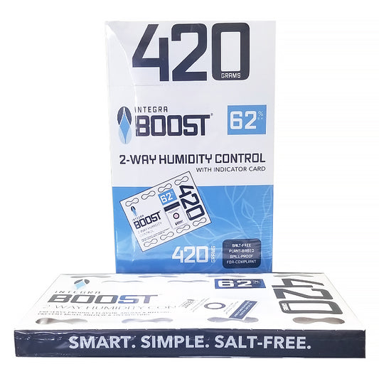 Perfect for retail purposes or dispensary jars that regularly opened throughout the day, patented Integra BOOST® 420 gram packet with humidity indicator will expertly manage humidity levels—preserving the life of your herbal medicine you’re storing. BOOST® products are salt-free, spill-proof and FDA-food grade complaint 