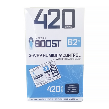 Perfect for retail purposes or dispensary jars that regularly opened throughout the day, patented Integra BOOST® 420 gram packet with humidity indicator will expertly manage humidity levels—preserving the life of your herbal medicine you’re storing. BOOST® products are salt-free, spill-proof and FDA-food grade complaint 