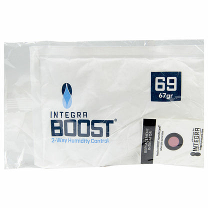 Desiccare Integra BOOST® 67 gram size 2-way humidity control packs are available in 69% RH styles and are FDA-compliant, 99% biodegradable, non-toxic and salt free. Includes humidity indicator cards; individually overwrapped