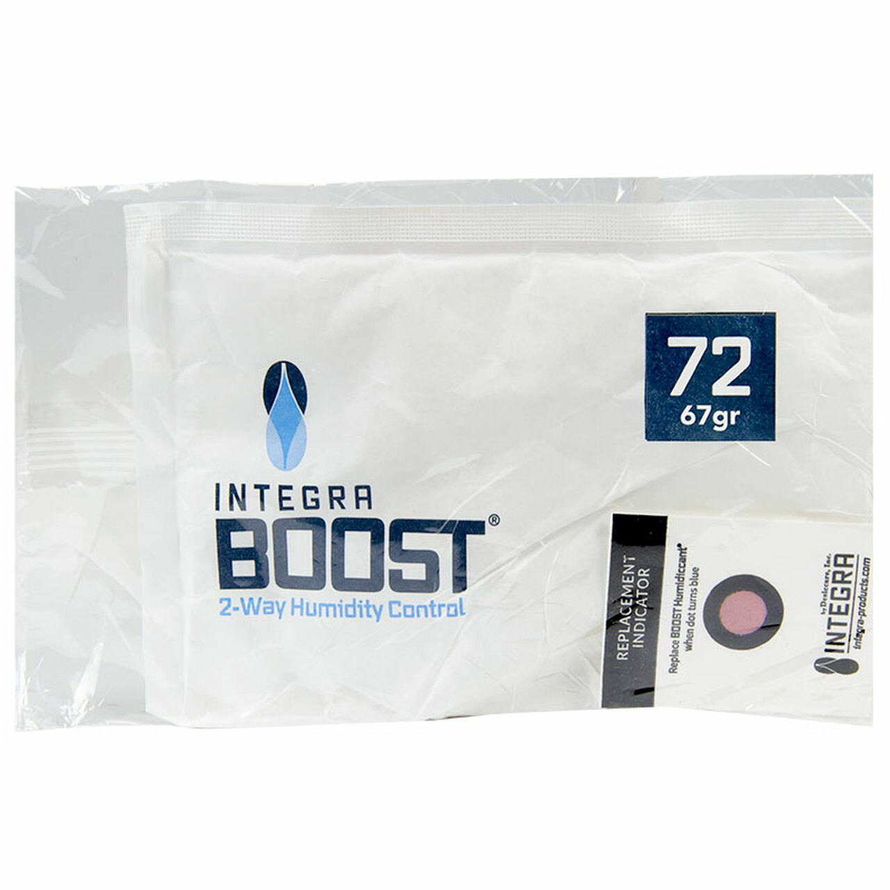 Desiccare Integra BOOST® 67 gram size 2-way humidity control packs are available in 72% RH styles and are FDA-compliant, 99% biodegradable, non-toxic and salt free. Includes humidity indicator cards; individually overwrapped