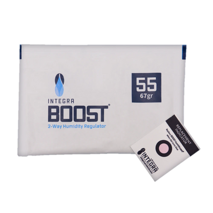 Desiccare Integra BOOST® 67 gram size 2-way humidity control packs are available in 55% RH styles and are FDA-compliant, 99% biodegradable, non-toxic and salt free. Includes humidity indicator cards; individually overwrapped